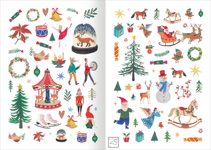 Gezeigt wird eine Innen- oder Zusatzansicht von „Stickerliebe – Winter“. Die Seite präsentiert eine Vielzahl bunter Winterillustrationen, darunter Schneemänner, Weihnachtsbäume und Geschenke. Die Farbpalette umfasst kräftige Rottöne, Grüntöne und goldene Akzente. Die Figuren sind spielerisch gestaltet, darunter tanzende Kinder, Tiere und festliche Dekorationen. Die Typografie ist in verspieltem Stil gehalten, was die fröhliche, festliche Stimmung unterstreicht.