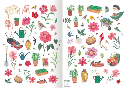 Gezeigt wird eine Innen- oder Zusatzansicht von „Stickerliebe – Pflanzenwelt“. Die Illustration bietet eine bunte Ansammlung floraler Motive, darunter verschiedene Blumen in Pink, Rot und Violett sowie grüne Pflanzen und Gärtnerwerkzeuge. Vögel und Insekten sind ebenfalls verteilt, während einige dekorative Elemente wie Gartenmöbel und Körbe sichtbar sind. Die Typografie ist verspielt und einladend, unterstützt durch sanfte Pastellfarben auf hellem Hintergrund, was dem Gesamtbild...
