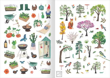 Gezeigt wird eine Innen- oder Zusatzansicht von „Stickerliebe – Pflanzenwelt“. Die Seite ist farbenfroh gestaltet und zeigt eine Vielzahl von Illustrationen, darunter Gartenwerkzeuge, Pflanzen und Tiere. Dominierende Farben sind Grün, Braun und Blau, begleitet von kräftigen Akzenten in Rot und Gelb. Die Typografie ist verspielt und freundlich, ohne dass Text dominant auftritt. Insgesamt vermittelt die Zusammenstellung eine einladende und lebendige Gartenatmosphäre.
