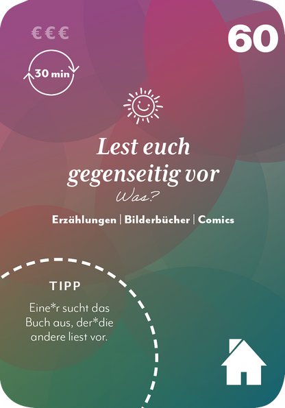 Gezeigt wird eine Innen- oder Zusatzansicht von „100 x Zusammen sein“. Die Ansicht zeigt einen farbenfrohen Hintergrund mit sanften Übergängen in Rosa, Grün und Blau. Im Vordergrund steht die Überschrift „Lest euch gegenseitig vor“ in klarer, verspielter Schrift. Darunter befinden sich die Unterkategorien „Erzählungen“, „Bilderbücher“ und „Comics“ in einer modernen, gut lesbaren Typografie. Zudem wird ein Tipp gegeben, der in einem weißen, abgerundeten Kasten...