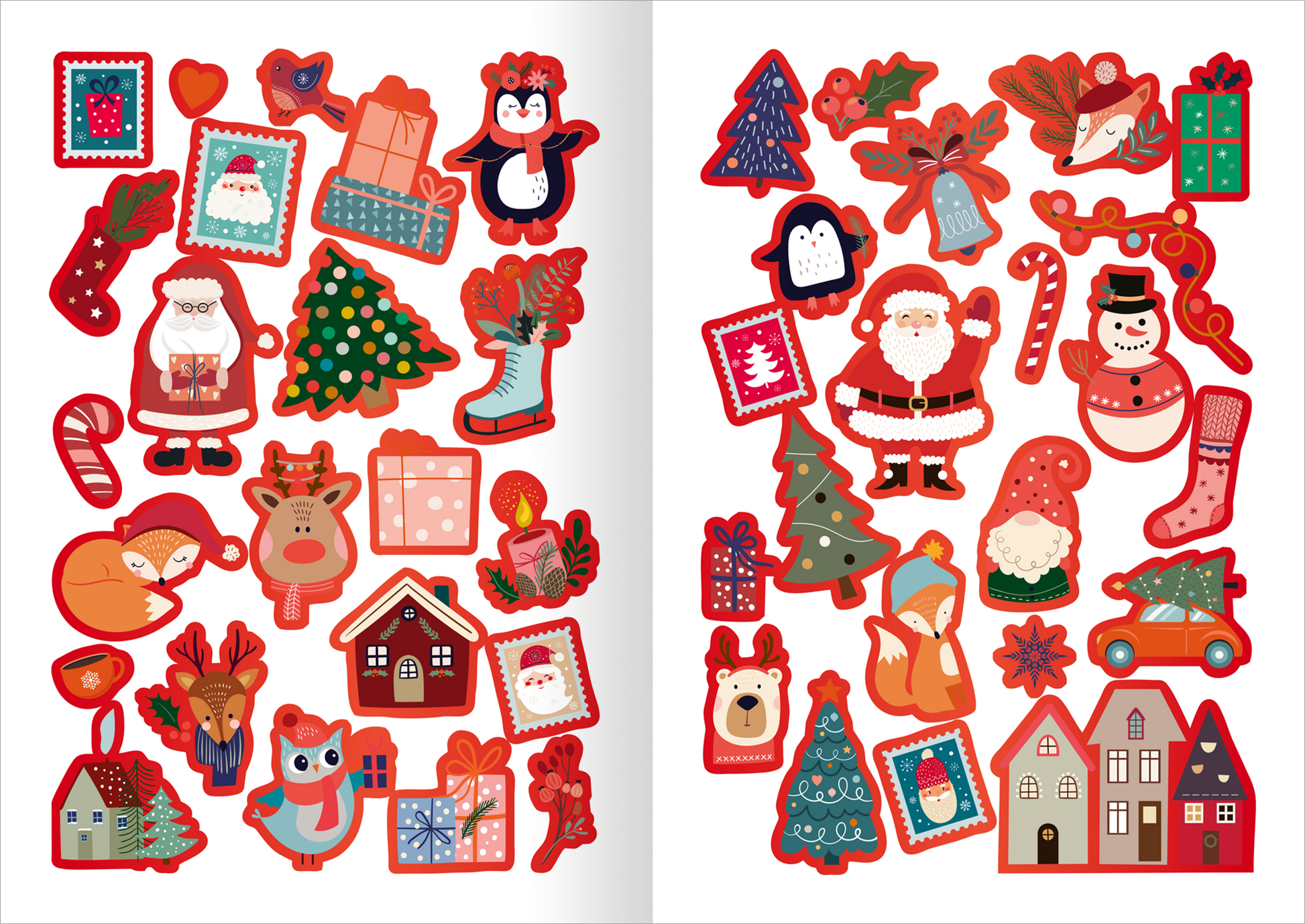 Gezeigt wird eine Innen- oder Zusatzansicht von „Sticker Adventskalenderverschönerer“. Die Seite präsentiert eine Vielzahl farbenfroher, weihnachtlicher Sticker. Dominiert von lebhaften Farben wie Rot, Grün und Blau, zeigen die Motive unter anderem Weihnachtsmänner, Rentiere, Tannenbäume sowie Geschenke. Die Typografie ist verspielt und kindgerecht, oft umrahmt von dekorativen Elementen. Die insgesamt 38 Sticker sind ideal zur Verschönerung von Adventskalendern.