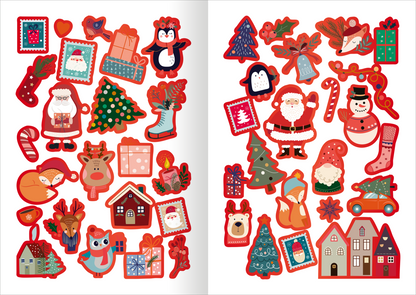 Gezeigt wird eine Innen- oder Zusatzansicht von „Sticker Adventskalenderverschönerer“. Die Seite präsentiert eine Vielzahl farbenfroher, weihnachtlicher Sticker. Dominiert von lebhaften Farben wie Rot, Grün und Blau, zeigen die Motive unter anderem Weihnachtsmänner, Rentiere, Tannenbäume sowie Geschenke. Die Typografie ist verspielt und kindgerecht, oft umrahmt von dekorativen Elementen. Die insgesamt 38 Sticker sind ideal zur Verschönerung von Adventskalendern.