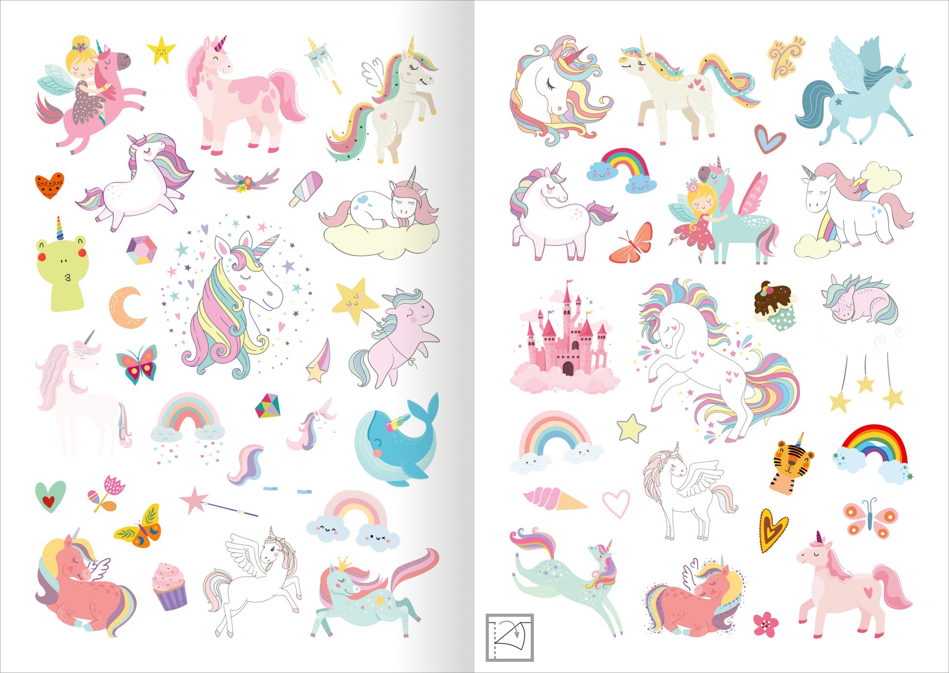 Gezeigt wird eine Innenansicht von „Mein Einhorn-Stickerheft“. Die Doppelseite enthält eine Vielzahl von bunten Stickern. Auf der linken Seite sind pinke und weiße Einhörner, Regenbogen, Wolken und andere magische Elemente in sanften Pastellfarben arrangiert. Die rechte Seite zeigt weitere Einhörner, einen rosa Märchenschloss und verschiedene süße Motive wie Tiere und Süßigkeiten. Die Zeichnungen sind abwechslungsreich und verspielt, unterstützt von einer klaren, kindgerechten...