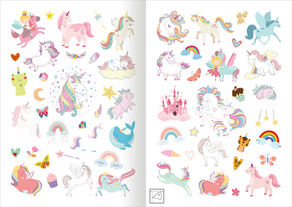 Gezeigt wird eine Innenansicht von „Mein Einhorn-Stickerheft“. Die Doppelseite enthält eine Vielzahl von bunten Stickern. Auf der linken Seite sind pinke und weiße Einhörner, Regenbogen, Wolken und andere magische Elemente in sanften Pastellfarben arrangiert. Die rechte Seite zeigt weitere Einhörner, einen rosa Märchenschloss und verschiedene süße Motive wie Tiere und Süßigkeiten. Die Zeichnungen sind abwechslungsreich und verspielt, unterstützt von einer klaren, kindgerechten...