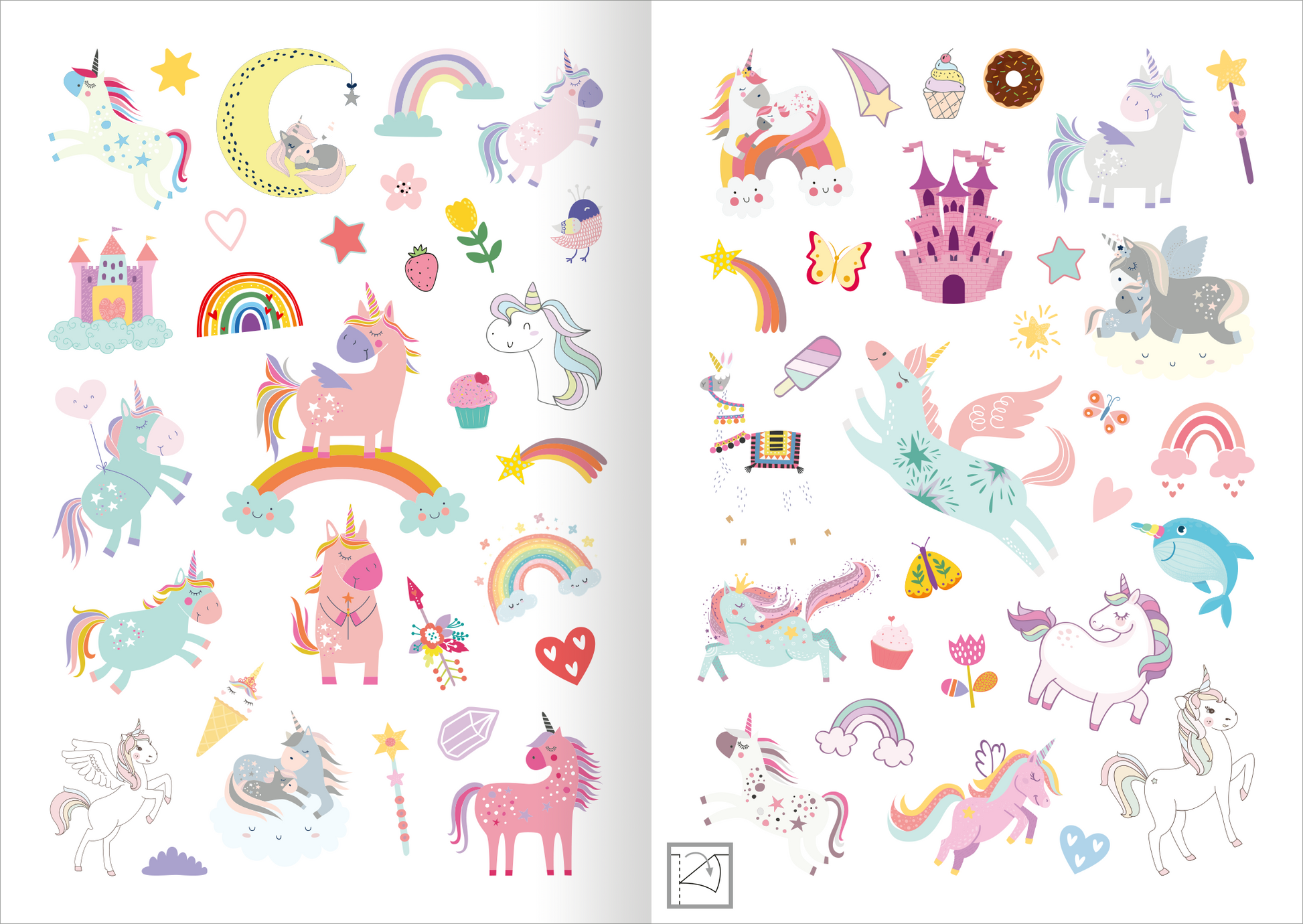 Gezeigt wird eine Innen- oder Zusatzansicht von „Mein Einhorn-Stickerheft“. Die Doppelseite enthält zahlreiche bunte Sticker mit Einhörnern, Regenbögen, Wolken und Sternen. Die Farben sind überwiegend in Pastelltönen, mit dominanten Rosa-, Blau- und Goldtönen. Die typografischen Elemente sind verspielt und kindgerecht gestaltet. Zu sehen sind auch andere Motive wie Süßigkeiten und Schlösser, die den fantastischen Charakter des Hefts unterstreichen.