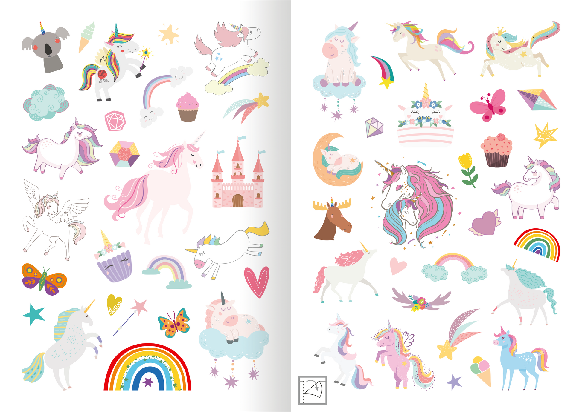Gezeigt wird eine Innen- oder Zusatzansicht von „Mein Einhorn-Stickerheft“. Die Seite zeigt zahlreiche bunte Sticker mit Einhörnern, Regenbögen, Wolken und weiteren Fantasy-Elementen. Die Farben sind pastellfarben, darunter sanftes Rosa, Blütenweiß, Himmelblau und Lila. Die Typografie ist verspielt und kindgerecht, oft in verschiedenen Farben. Zusätzlich sind Elemente wie Cupcakes und Sterne abgebildet, die das magische Thema der Sticker unterstreichen.