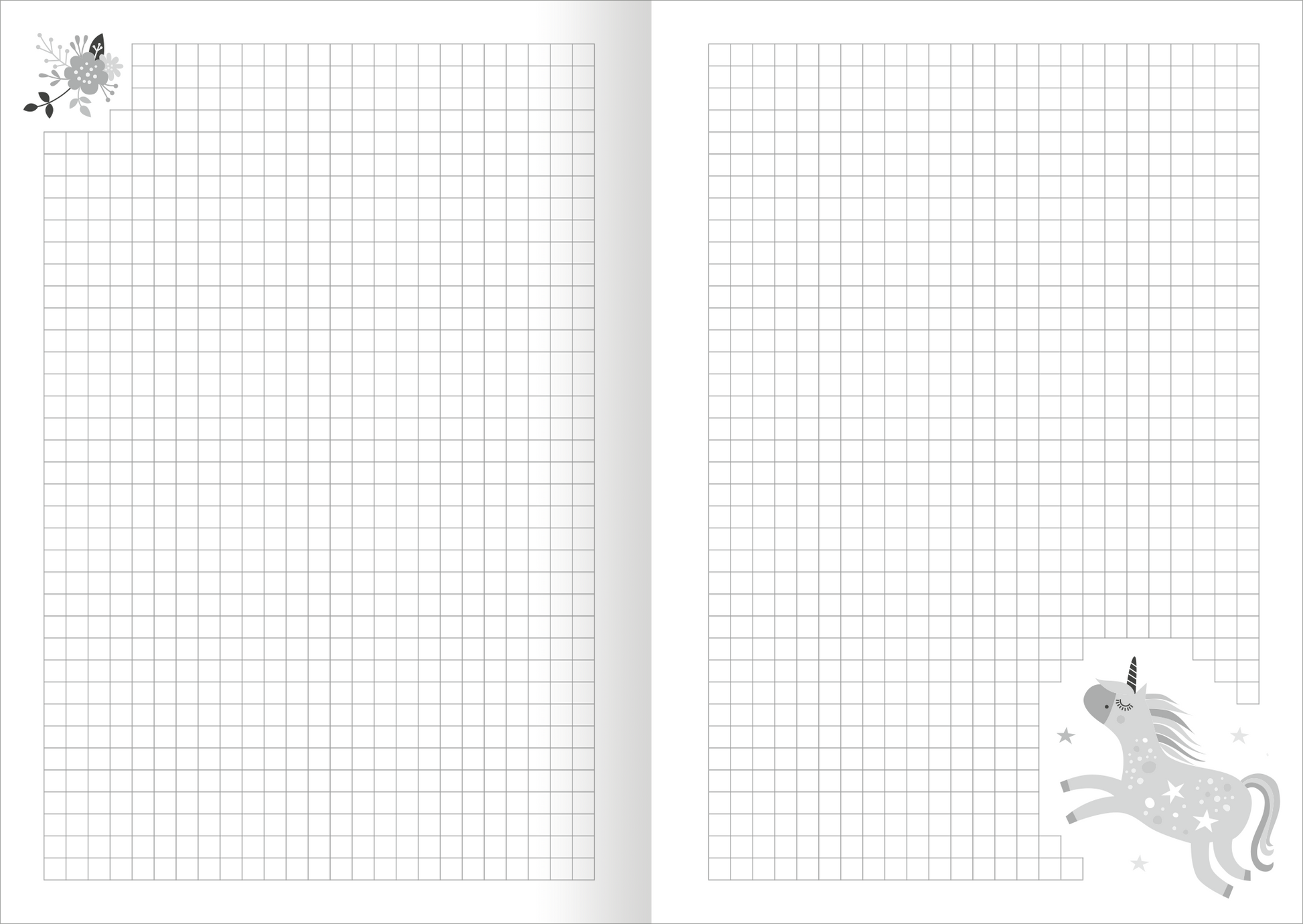 Gezeigt wird eine Innen- oder Zusatzansicht von „Meine Notizen – Einhorn“. Die Doppelseite ist übersät mit einem feinen, grauen Karomuster. In der oberen linken Ecke befindet sich eine zarte, grafische Darstellung von Blättern und Blüten in Schwarz. In der unteren rechten Ecke ist ein silbernes Einhorn mit einer glänzenden Mähne und einem Horn, umgeben von kleinen Sternen und Punkten. Die Schrift ist klar und ist für eine angenehme Lesbarkeit gestaltet.