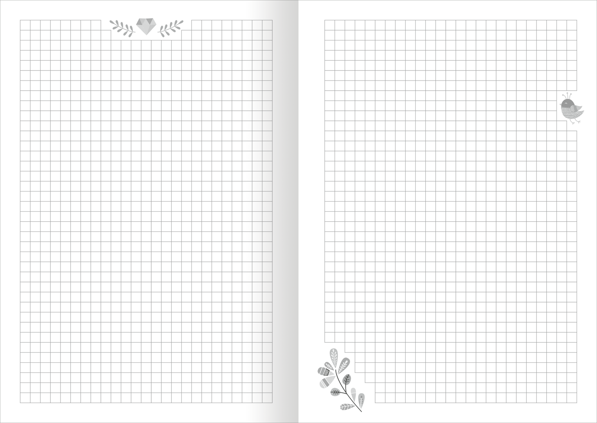 Gezeigt wird eine Innenansicht von „Meine Notizen – Einhorn“. Die Doppelseite präsentiert ein kariertes Design in sanften Grautönen auf einem weißen Hintergrund. Oben befinden sich zarte, dekorative Elemente in Form von Blättern und einem kleinen Vogel, die dem Layout eine freundliche Note verleihen. Die klare Typografie ermöglicht eine einfache Lesbarkeit, während die quadratischen Kästchen ein strukturiertes Notieren fördern.