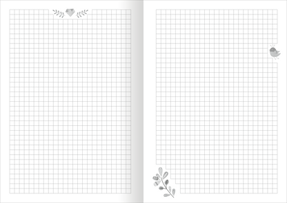 Gezeigt wird eine Innenansicht von „Meine Notizen – Einhorn“. Die Doppelseite präsentiert ein kariertes Design in sanften Grautönen auf einem weißen Hintergrund. Oben befinden sich zarte, dekorative Elemente in Form von Blättern und einem kleinen Vogel, die dem Layout eine freundliche Note verleihen. Die klare Typografie ermöglicht eine einfache Lesbarkeit, während die quadratischen Kästchen ein strukturiertes Notieren fördern.