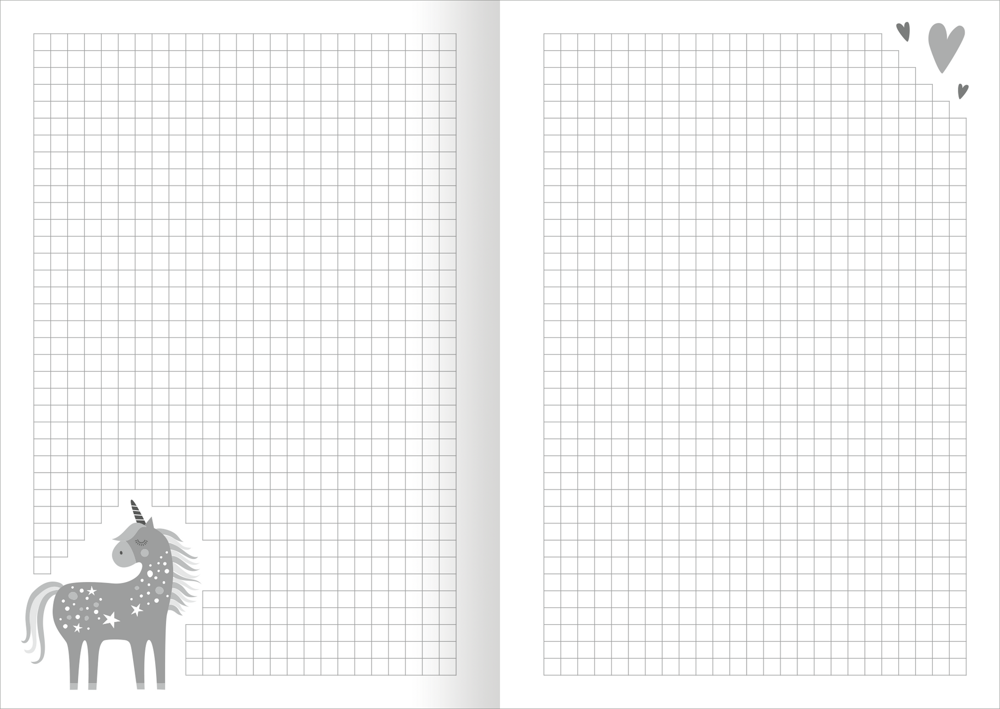 Gezeigt wird eine Innen- oder Zusatzansicht von „Meine Notizen – Einhorn“. Die Doppelseite ist in einem klaren, weißen Design gehalten und bietet kariertes Papier in sanften Grautönen. Links steht ein graues Einhorn mit stilisierten Sternen auf dem Körper. Oben rechts befinden sich kleine grafische Elemente in Form von Herzen. Die typografische Gestaltung ist schlicht und gut lesbar, was die Nutzung der Seite erleichtert.