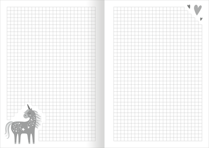 Gezeigt wird eine Innen- oder Zusatzansicht von „Meine Notizen – Einhorn“. Die Doppelseite ist in einem klaren, weißen Design gehalten und bietet kariertes Papier in sanften Grautönen. Links steht ein graues Einhorn mit stilisierten Sternen auf dem Körper. Oben rechts befinden sich kleine grafische Elemente in Form von Herzen. Die typografische Gestaltung ist schlicht und gut lesbar, was die Nutzung der Seite erleichtert.
