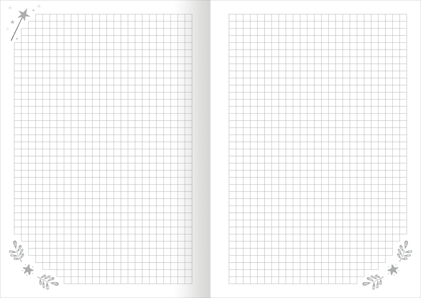 Gezeigt wird eine Innen- oder Zusatzansicht von „Meine Notizen – Einhorn“. Die Doppelseite präsentiert ein kariertes Layout in sanften Grautönen. In der oberen linken Ecke ist ein zarter Sternschnuppen-Illustration platziert, während die untere rechte Ecke mit filigranen Pflanzenmotiven verziert ist. Der Hintergrund bleibt weiß und sorgt für eine klare, übersichtliche Notizfläche, die zum kreativen Gestalten einlädt.