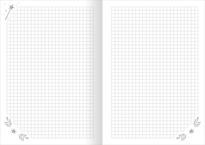 Gezeigt wird eine Innen- oder Zusatzansicht von „Meine Notizen – Einhorn“. Die Doppelseite präsentiert ein kariertes Layout in sanften Grautönen. In der oberen linken Ecke ist ein zarter Sternschnuppen-Illustration platziert, während die untere rechte Ecke mit filigranen Pflanzenmotiven verziert ist. Der Hintergrund bleibt weiß und sorgt für eine klare, übersichtliche Notizfläche, die zum kreativen Gestalten einlädt.