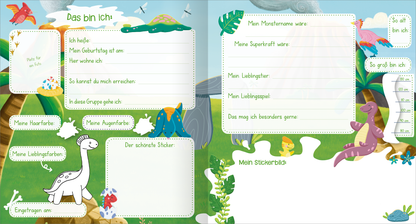 Gezeigt wird eine Innen- oder Zusatzansicht von „Meine Kindergarten-Freunde – Monster“. Die Seite ist bunt und fröhlich gestaltet, mit Illustrationen von Dinosauriern und verschiedenen fantastischen Wesen. Auf der linken Seite befindet sich ein Bereich mit Fragen zur eigenen Person, umgeben von grünen Pflanzenmotiven, und auffälligen, kindgerechten Schriftarten in Blau und Grün. Die rechte Seite enthält Platz für den Monstername, die Superkraft und Lieblingsspiel, umrahmt von...