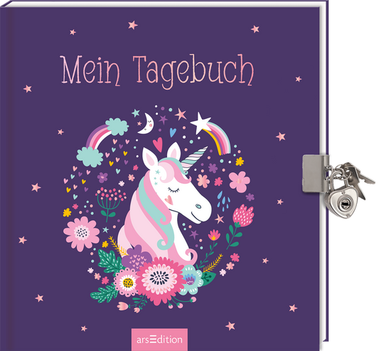 Das Buchcover zeigt einen lila Hintergrund mit dem Titel „Mein Tagebuch“ in verspielter, weißer Schrift. In der Mitte befindet sich ein niedliches, lächelndes Einhorn mit einer rosa Mähne und einem glitzernden Horn, umgeben von bunten Blumen und kleinen, zarten Sternen. Regelmäßige Regenbogen und der Mond runden die fantasievolle Gestaltung ab. Ganz unten mittig steht der Logoschriftzug von arsEdition.
