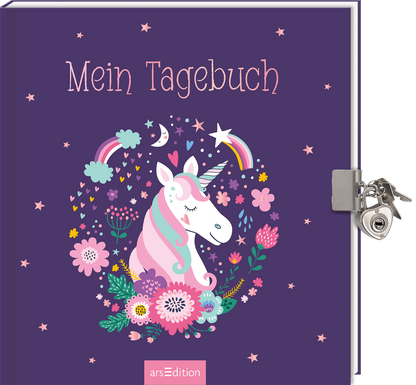 Das Buchcover zeigt einen lila Hintergrund mit dem Titel „Mein Tagebuch“ in verspielter, weißer Schrift. In der Mitte befindet sich ein niedliches, lächelndes Einhorn mit einer rosa Mähne und einem glitzernden Horn, umgeben von bunten Blumen und kleinen, zarten Sternen. Regelmäßige Regenbogen und der Mond runden die fantasievolle Gestaltung ab. Ganz unten mittig steht der Logoschriftzug von arsEdition.