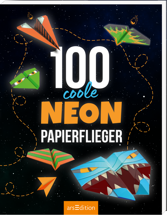 Auf dem Cover sind auf einem tiefschwarzen Hintergrund verschiedene bunte, stilisierte Papierflieger in Neonfarben abgebildet. In der Mitte prangt die große Zahl „100“ in Weiß, darunter steht „coole“ in Türkis und „NEON“ in leuchtendem Gelb. Am unteren Rand steht „PAPIERFLIEGER“ in fetter, schwarzer Schrift. Das Cover vermittelt eine lebhafte und fröhliche Atmosphäre für Bastel- und Flugenthusiasten. Ein kleiner, oranger Button weist darauf hin, dass es sich um einen...