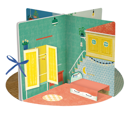 Gezeigt wird eine Innen- oder Zusatzansicht von „Mein großes Sticker-Spielhaus“, wie der Titel aufgeklappt aussieht. Man sieht, dass das Buch aufgestellt werden kann, so dass 4 dreidimensionale Räume entstehen. Der Raum auf der Ansicht zeigt ein Schlafzimmer mit Kleiderschrank, Bett, Treppen und einer Galerie. Der Boden ist mit einem ovalen Teppich in harmonischen Farben gestaltet, während der Hintergrund durch verschiedene Muster bereichert wird.