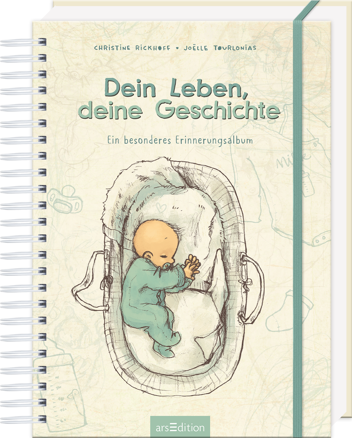 Das Buchcover zeigt eine sanfte Aquarellzeichnung in zarten Pastelltönen. Im Mittelpunkt liegt ein lächelndes Baby in einem stilisierten Bettchen, umgeben von verschiedenen Spielzeugen. Der Titel „Dein Leben, deine Geschichte“ steht in einer freundlichen, handschriftlichen Schriftart, während der Untertitel „Ein besonderes Erinnerungsalbum“ in einer schlichten Schrift darunter platziert ist. Ganz unten mittig steht der Logoschriftzug von arsEdition.