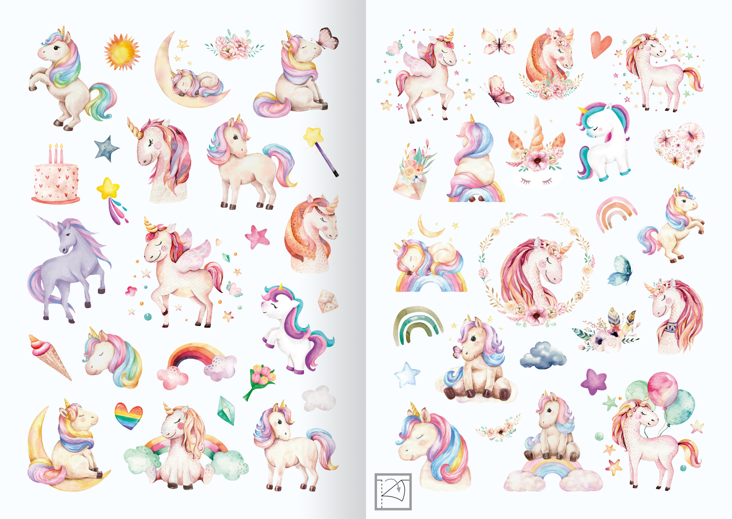 Gezeigt wird eine Innen- oder Zusatzansicht von „Meine Aquarell-Sticker – Einhörner“. Die Abbildung zeigt eine bunte Sammlung von Aquarell-Stickern, die verschiedene magische Einhörner, Regenbögen, Herzen und Sterne darstellen. Die Farben sind sanft und vielfältig, darunter Pastelltöne wie Rosa, Lila, Gelb und Blau. Die Typografie wird durch verspielte Schriftzüge und florale Elemente ergänzt, die eine fantasievolle und kinderfreundliche Atmosphäre schaffen.