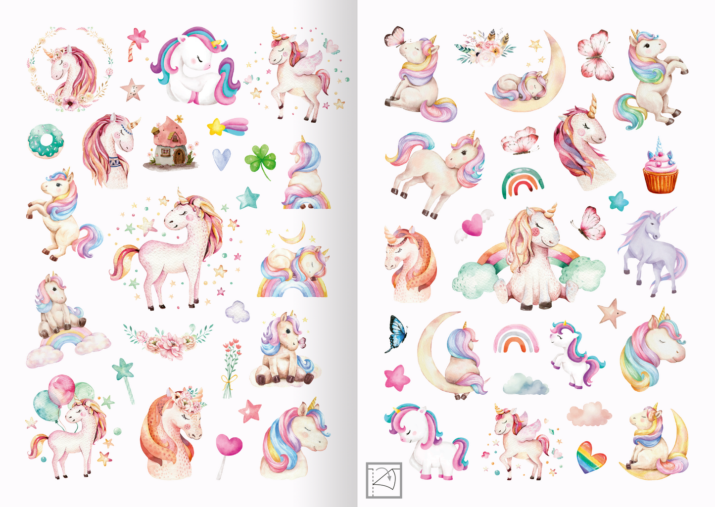 Gezeigt wird eine Innen- oder Zusatzansicht von „Meine Aquarell-Sticker – Einhörner“. Die Ansicht umfasst bunte Aquarellgrafiken von Einhörnern in verschiedenen Posen sowie eine Vielzahl an ergänzenden Elementen wie Regenbögen, Sterne und Blumen. Die Farbpalette ist hell und lebhaft, dominiert von Rosa, Lila und Blau. Die typografischen Elemente sind verspielt und kindgerecht gestaltet, was die fantasievolle Thematik unterstreicht.
