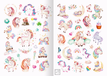 Gezeigt wird eine Innen- oder Zusatzansicht von „Meine Aquarell-Sticker – Einhörner“. Die Ansicht umfasst bunte Aquarellgrafiken von Einhörnern in verschiedenen Posen sowie eine Vielzahl an ergänzenden Elementen wie Regenbögen, Sterne und Blumen. Die Farbpalette ist hell und lebhaft, dominiert von Rosa, Lila und Blau. Die typografischen Elemente sind verspielt und kindgerecht gestaltet, was die fantasievolle Thematik unterstreicht.