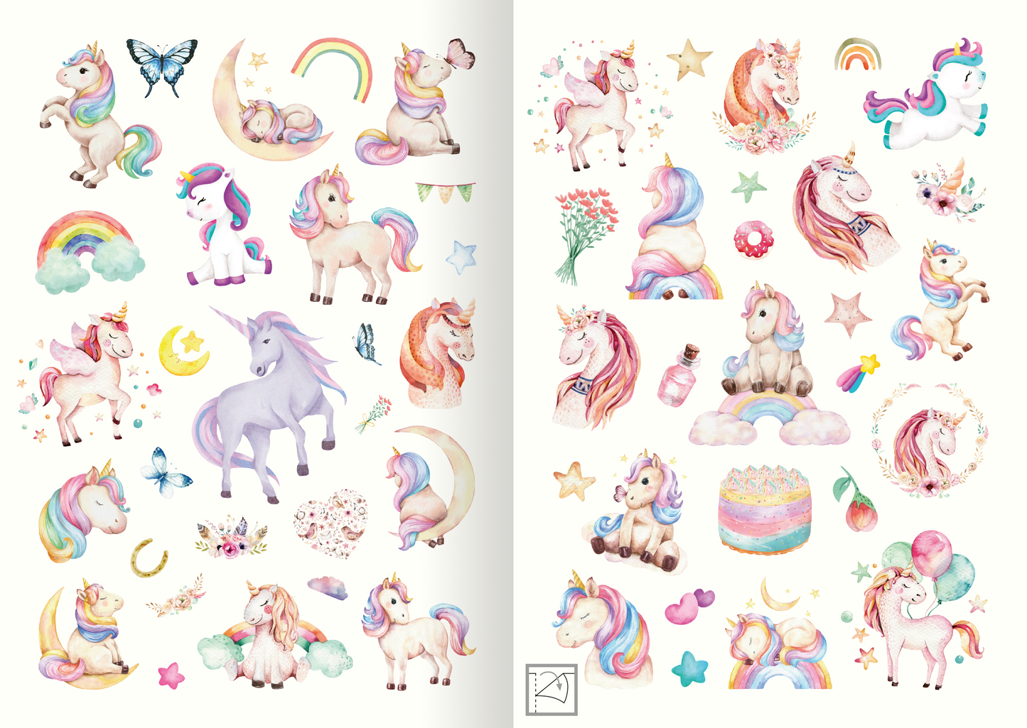 Gezeigt wird eine Innen- oder Zusatzansicht von „Meine Aquarell-Sticker – Einhörner“. Die Seite enthält eine bunte Sammlung von Aquarell-Stickern, die vorwiegend in sanften Pastellfarben – Rosa, Blau, Gelb und Lila – gehalten sind. Illustrationen von Einhörnern, Wolken, Regenbögen, Sternen und einer Torte sind harmonisch angeordnet. Die Typografie ist verspielt und nicht dominant, sodass die Bilder im Vordergrund stehen und die Fantasie anregen.