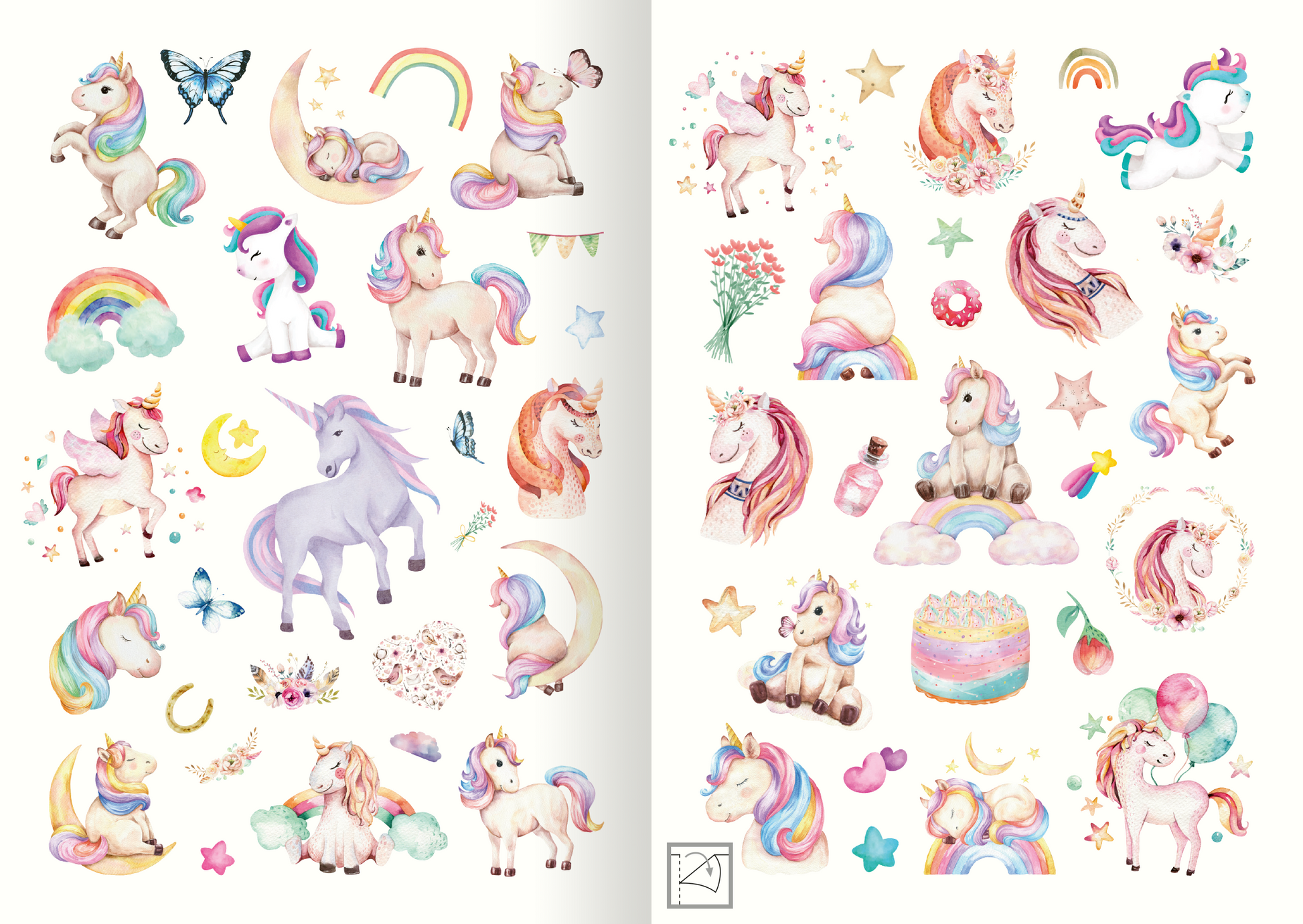 Gezeigt wird eine Innen- oder Zusatzansicht von „Meine Aquarell-Sticker – Einhörner“. Die Seite enthält eine bunte Sammlung von Aquarell-Stickern, die vorwiegend in sanften Pastellfarben – Rosa, Blau, Gelb und Lila – gehalten sind. Illustrationen von Einhörnern, Wolken, Regenbögen, Sternen und einer Torte sind harmonisch angeordnet. Die Typografie ist verspielt und nicht dominant, sodass die Bilder im Vordergrund stehen und die Fantasie anregen.