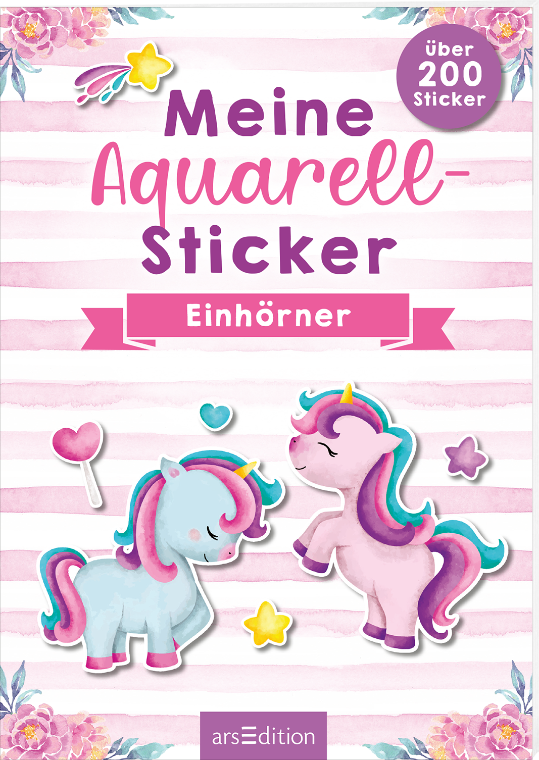 Auf dem Buchcover sind zwei farbenfrohe, niedliche Einhörner abgebildet, die in sanften Pastelltönen von Rosa, Blau und Gelb gestaltet sind. Sie stehen sich gegenüber und umgeben von kleinen, bunten Herzen und Sternen. Die Hintergrundfarbe ist in zarten, horizontalen Streifen in Rosa und Weiß gehalten. Der Titel „Meine Aquarell-Sticker“ steht in auffälliger, verspielter Schrift in Lila, während darunter der Untertitel „Einhörner“ in einer separaten, pinken Schrift auf einem...