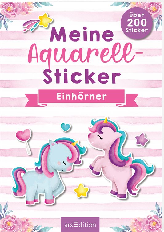 Auf dem Buchcover sind zwei farbenfrohe, niedliche Einhörner abgebildet, die in sanften Pastelltönen von Rosa, Blau und Gelb gestaltet sind. Sie stehen sich gegenüber und umgeben von kleinen, bunten Herzen und Sternen. Die Hintergrundfarbe ist in zarten, horizontalen Streifen in Rosa und Weiß gehalten. Der Titel „Meine Aquarell-Sticker“ steht in auffälliger, verspielter Schrift in Lila, während darunter der Untertitel „Einhörner“ in einer separaten, pinken Schrift auf einem...