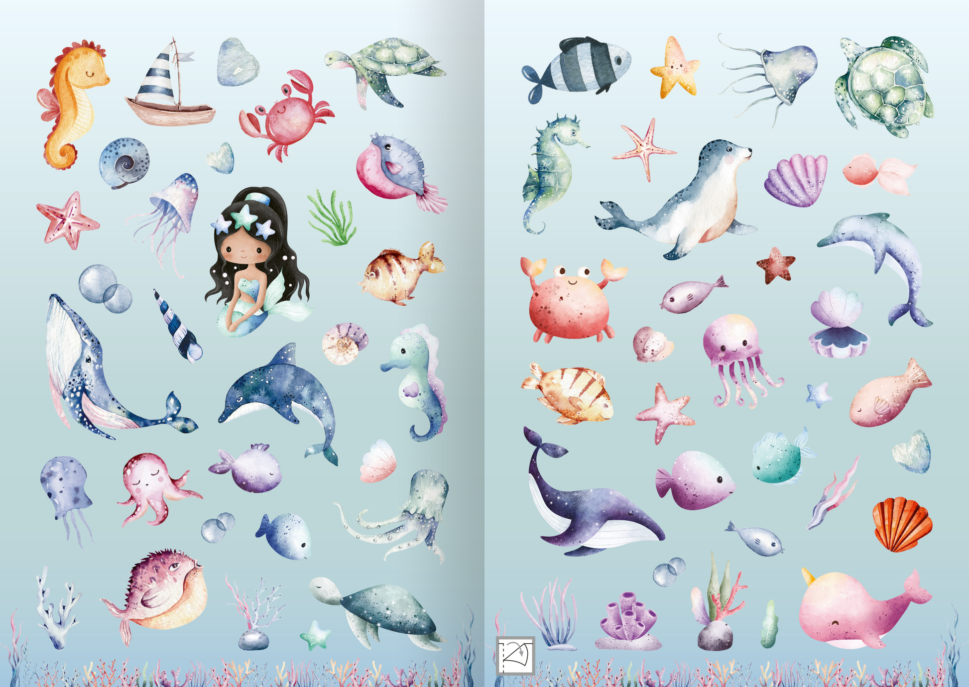 Gezeigt wird eine Innen- oder Zusatzansicht von „Meine Aquarell-Sticker – Unter Wasser“. Die Abbildung zeigt eine Vielzahl an liebevoll gestalteten Unterwasser-Motiven in sanften Farben. Zu sehen sind u.a. Meeresbewohner wie Seepferdchen, Delfine und Quallen, sowie Muscheln und Seesterne. Die sanften Aquamarintöne und pastelligen Farbnuancen verleihen der Komposition eine harmonische, beruhigende Ausstrahlung. Die Typografie ist verspielt, unterstreicht den maritimen Charakter der...