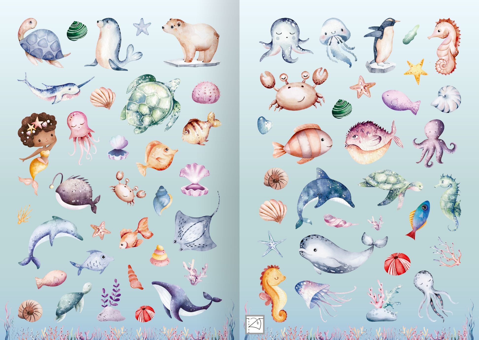 Gezeigt wird eine Innen- oder Zusatzansicht von „Meine Aquarell-Sticker – Unter Wasser“. Die Ansicht zeigt eine Vielzahl von aquatischen Tieren und Pflanzen in zarten, pastelligen Farben. Darunter sind Seesterne, Schildkröten, Delphine, und Quallen, die detailreich illustriert sind. Die Hintergründe sind in sanften Blautönen gehalten, die eine beruhigende Unterwasseratmosphäre schaffen. Die Typografie ist verspielt und kindgerecht, was den fröhlichen Charakter des Produktes...