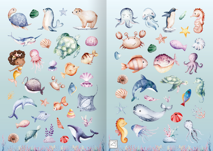 Gezeigt wird eine Innen- oder Zusatzansicht von „Meine Aquarell-Sticker – Unter Wasser“. Die Ansicht zeigt eine Vielzahl von aquatischen Tieren und Pflanzen in zarten, pastelligen Farben. Darunter sind Seesterne, Schildkröten, Delphine, und Quallen, die detailreich illustriert sind. Die Hintergründe sind in sanften Blautönen gehalten, die eine beruhigende Unterwasseratmosphäre schaffen. Die Typografie ist verspielt und kindgerecht, was den fröhlichen Charakter des Produktes...
