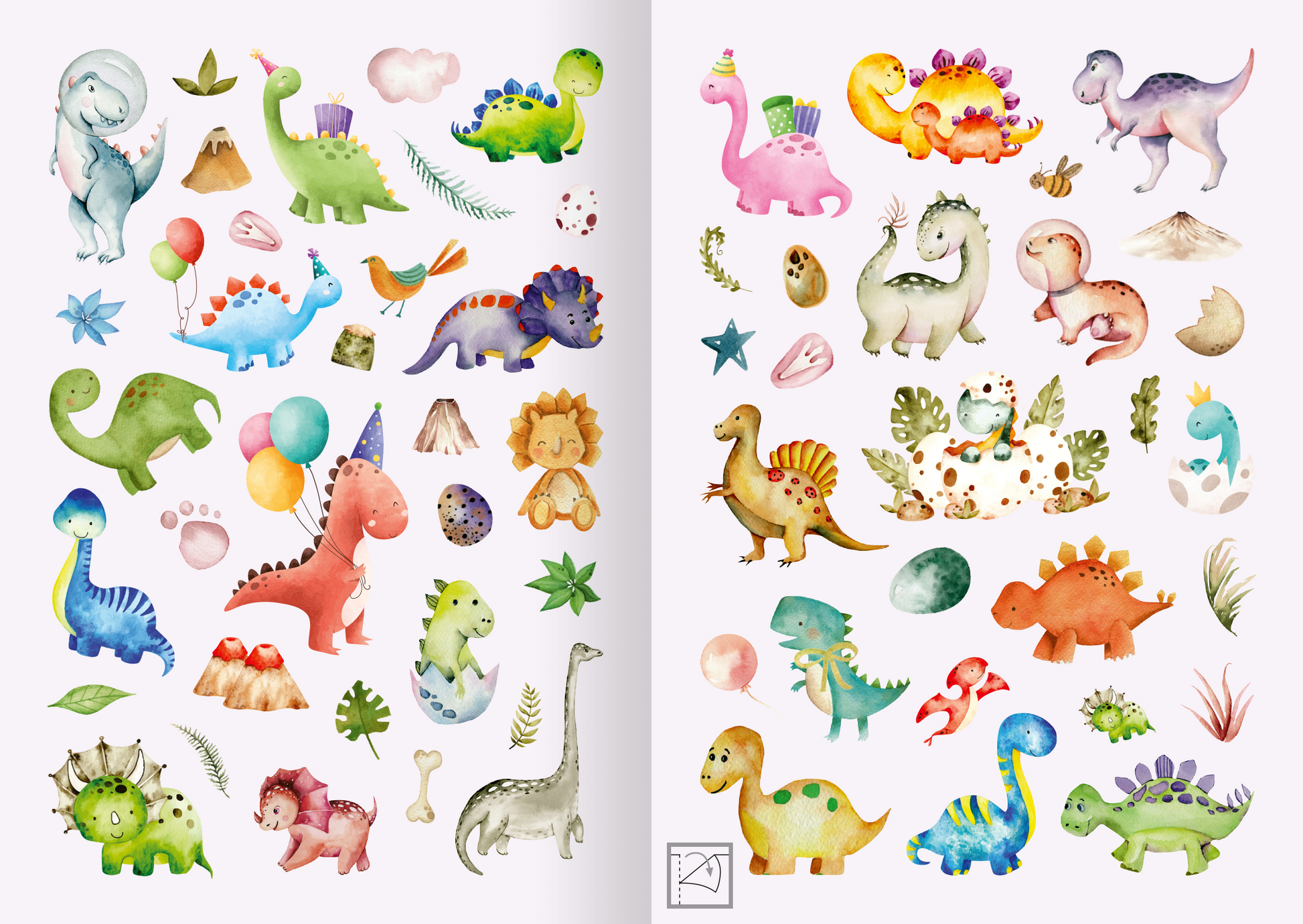 Gezeigt wird eine Innen- oder Zusatzansicht von „Meine Aquarell-Sticker – Dinosaurier“. Die Seite zeigt eine Vielzahl von bunten, handgezeichneten Dinosauriern in verschiedenen Farben, darunter Grün, Blau, Rosa und Gelb. Die Sticker umfassen verschiedene Szenen mit Dinos, Luftballons und Pflanzen, umgeben von pastellfarbenen Elementen. Die typografische Gestaltung ist verspielt und kindgerecht, möglicherweise mit kleinen, verschnörkelten Schriftzügen, die die Fröhlichkeit der...