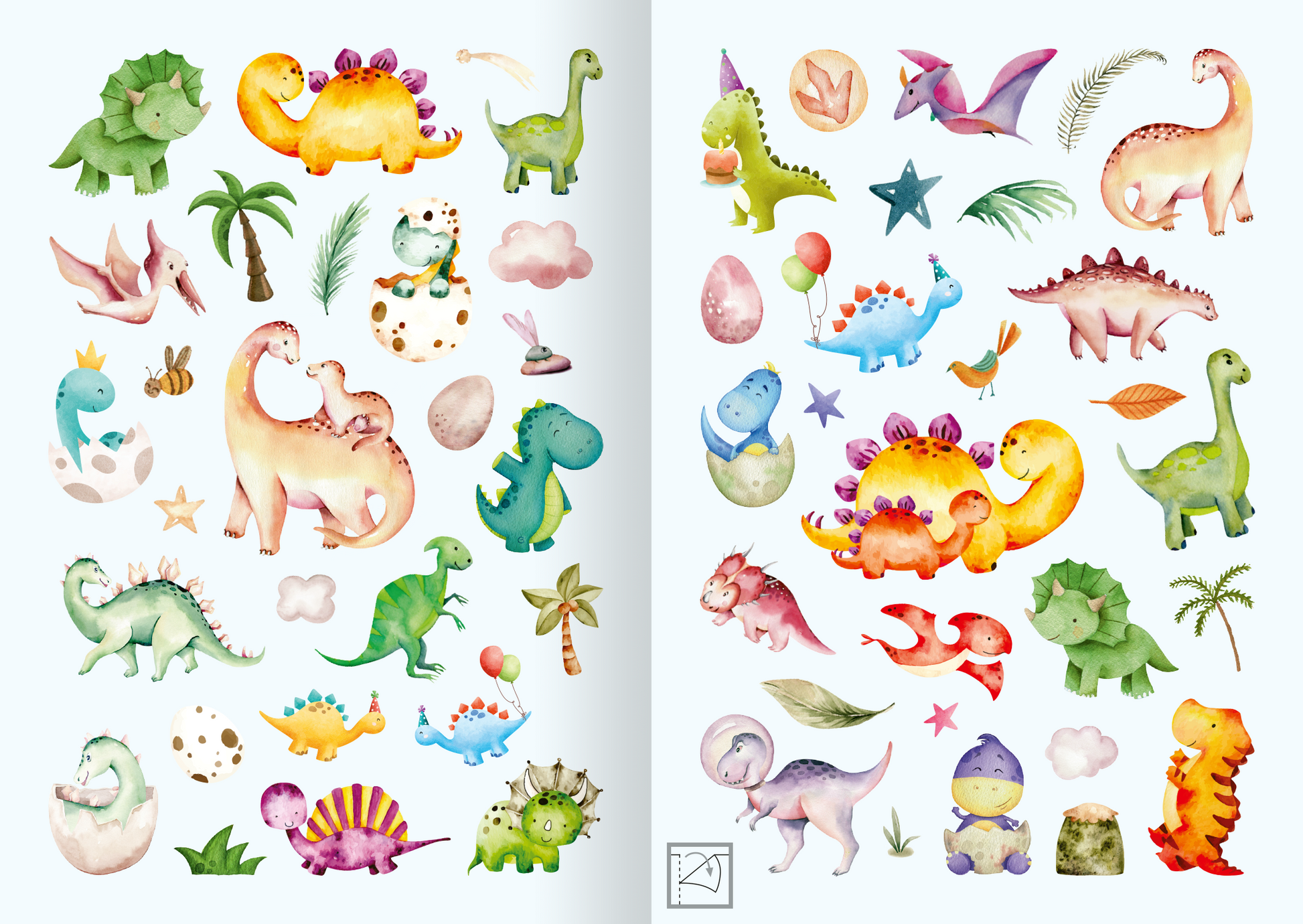 Gezeigt wird eine Innen- oder Zusatzansicht von „Meine Aquarell-Sticker – Dinosaurier“. Die Darstellung umfasst eine Vielzahl niedlicher Dinosaurier in sanften Aquarellfarben wie Grün, Gelb, Rosa und Blau. Die Figuren sind verspielt gestaltet und umgeben von tierischen und naturbezogenen Elementen wie Pflanzen, Wolken und Sternen. Die typografischen Elemente sind minimalistisch gehalten, um den Fokus auf die lebendigen Illustrationen zu lenken.