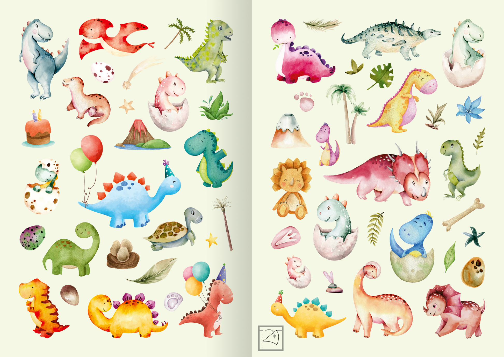 Gezeigt wird eine Innen- oder Zusatzansicht von „Meine Aquarell-Sticker – Dinosaurier“. Die Abbildung zeigt eine Vielzahl farbenfroher Dino-Sticker in sanften Aquarelltönen. Die Farben reichen von leuchtendem Rot, Blau und Gelb bis hin zu zartem Rosa und Grün. Verschiedene Dinosaurier versammeln sich, ergänzt durch fröhliche Motive wie Luftballons, Blumen und Vulkane. Die typografischen Elemente sind verspielt und kindgerecht gestaltet, passend zum fröhlichen Gesamtbild.