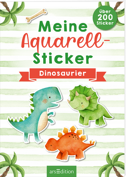 Das Buchcover zeigt fröhlich gestaltete Aquarell-Dinosaurier in verschiedenen Farben: ein blauer, ein grüner und ein orangefarbener Dino, die zentral angeordnet sind. Der Hintergrund besteht aus hellgrünen, horizontalen Streifen und Palmblättern. Der Titel „Meine Aquarell-Sticker“ ist in farbenfroher, handschriftlicher Typografie platziert, während „Dinosaurier“ in einer klaren und gut lesbaren Schrift darunter steht. Oben links befindet sich ein runder Button mit dem Text „über...