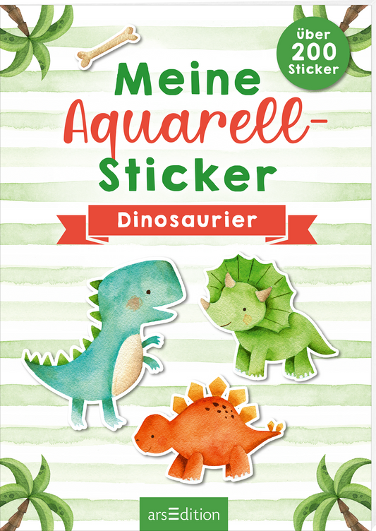 Das Buchcover zeigt fröhlich gestaltete Aquarell-Dinosaurier in verschiedenen Farben: ein blauer, ein grüner und ein orangefarbener Dino, die zentral angeordnet sind. Der Hintergrund besteht aus hellgrünen, horizontalen Streifen und Palmblättern. Der Titel „Meine Aquarell-Sticker“ ist in farbenfroher, handschriftlicher Typografie platziert, während „Dinosaurier“ in einer klaren und gut lesbaren Schrift darunter steht. Oben links befindet sich ein runder Button mit dem Text „über...