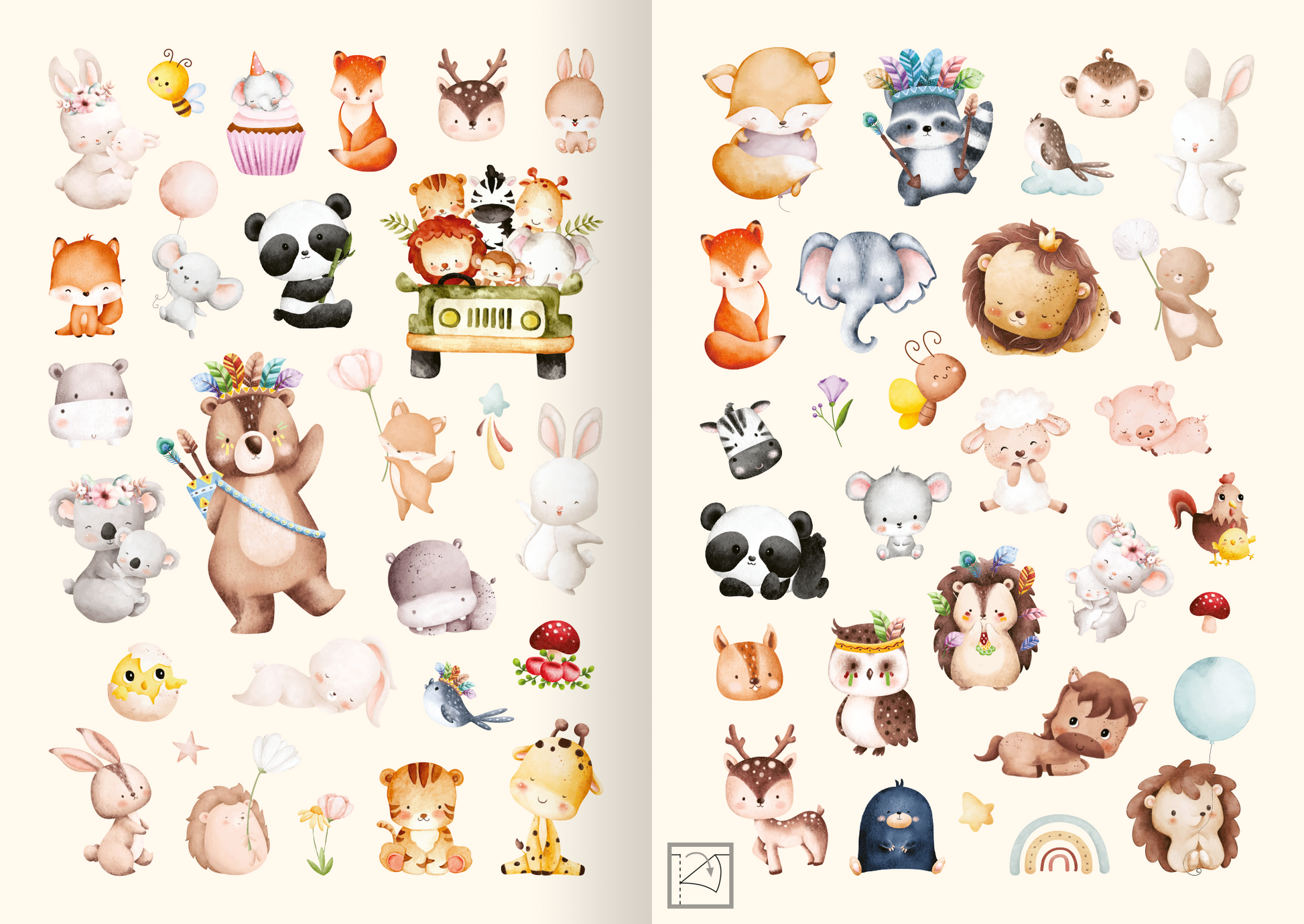 Gezeigt wird eine Innen- oder Zusatzansicht von „Meine Aquarell-Sticker – Tierkinder“. Die Illustration zeigt eine Vielzahl niedlicher Tierkind-Motive in sanften Aquarellfarben. In warmen Tönen von Beige, Pastellrosa, Hellblau und zarten Grüntönen sind unter anderem Bären, Füchse, Hasen und Elefanten abgebildet. Die Typografie ist verspielt und harmonisch, wobei keine Schrift sichtbar ist. Die Bilder sind lebhaft angeordnet und verleihen der Seite ein fröhliches, einladendes Gefühl.