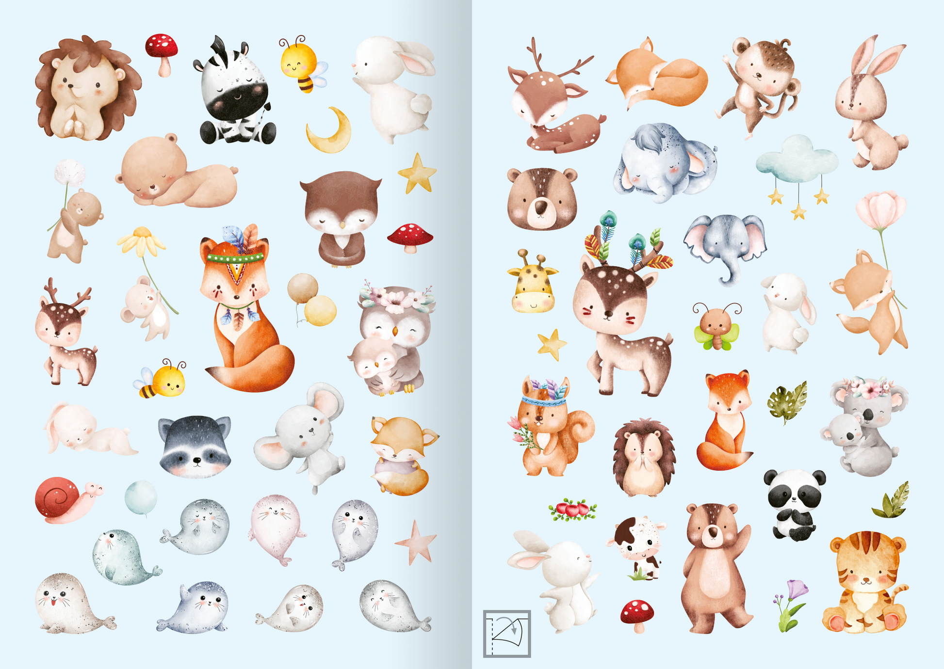 Gezeigt wird eine Innen- oder Zusatzansicht von „Meine Aquarell-Sticker – Tierkinder“. Die Illustration zeigt eine Vielzahl von niedlichen, aquarellierten Tierkindern auf hellblauem Hintergrund. Zu sehen sind unter anderem ein Fuchs, ein Bär, sowie verschiedene kleine Säugetiere und Meereswesen, die in sanften Pastellfarben gehalten sind. Die Designs sind verträumt und freundlich, unterstützt durch eine verspielte Typografie mit Elementen wie Sternen und Blumen, die das Gesamtbild...