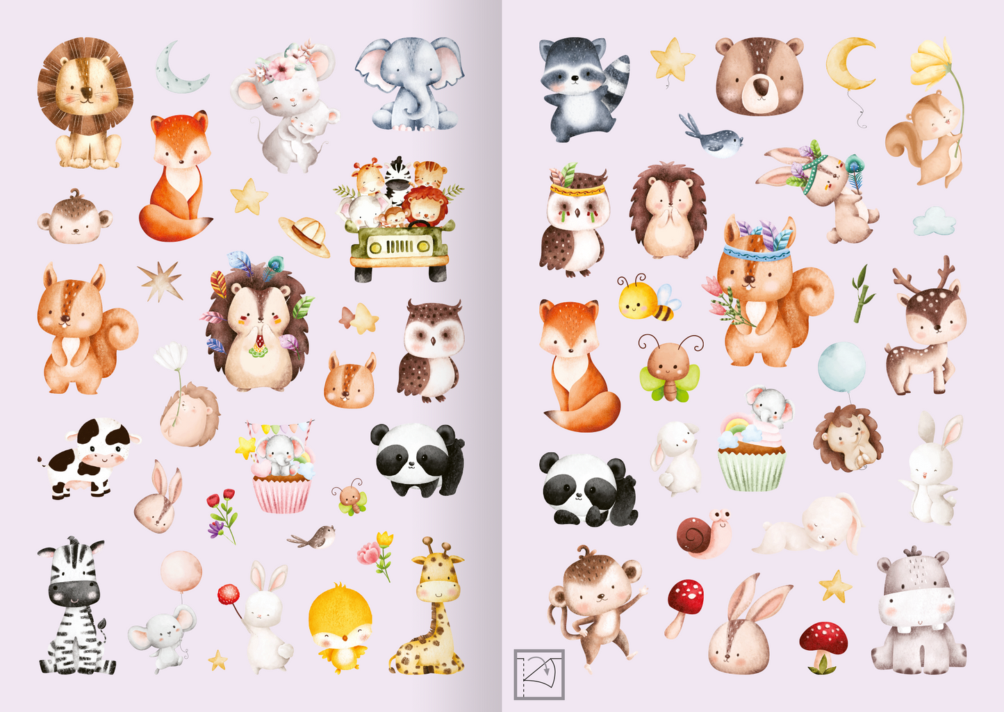 Gezeigt wird eine Innen- oder Zusatzansicht von „Meine Aquarell-Sticker – Tierkinder“. Die Darstellung umfasst niedliche Tiermotive wie einen Löwen, einen Elefanten, eine Eule und einen Bären, alle in sanften Pastellfarben auf einem hellen, lilafarbenen Hintergrund. Zusätzlich sind verschiedene Sterne, Blumen und andere süße Illustrationen zu sehen. Die Typografie ist verspielt und freundlich, perfekt abgestimmt auf die heitere Gestaltung der Sticker.