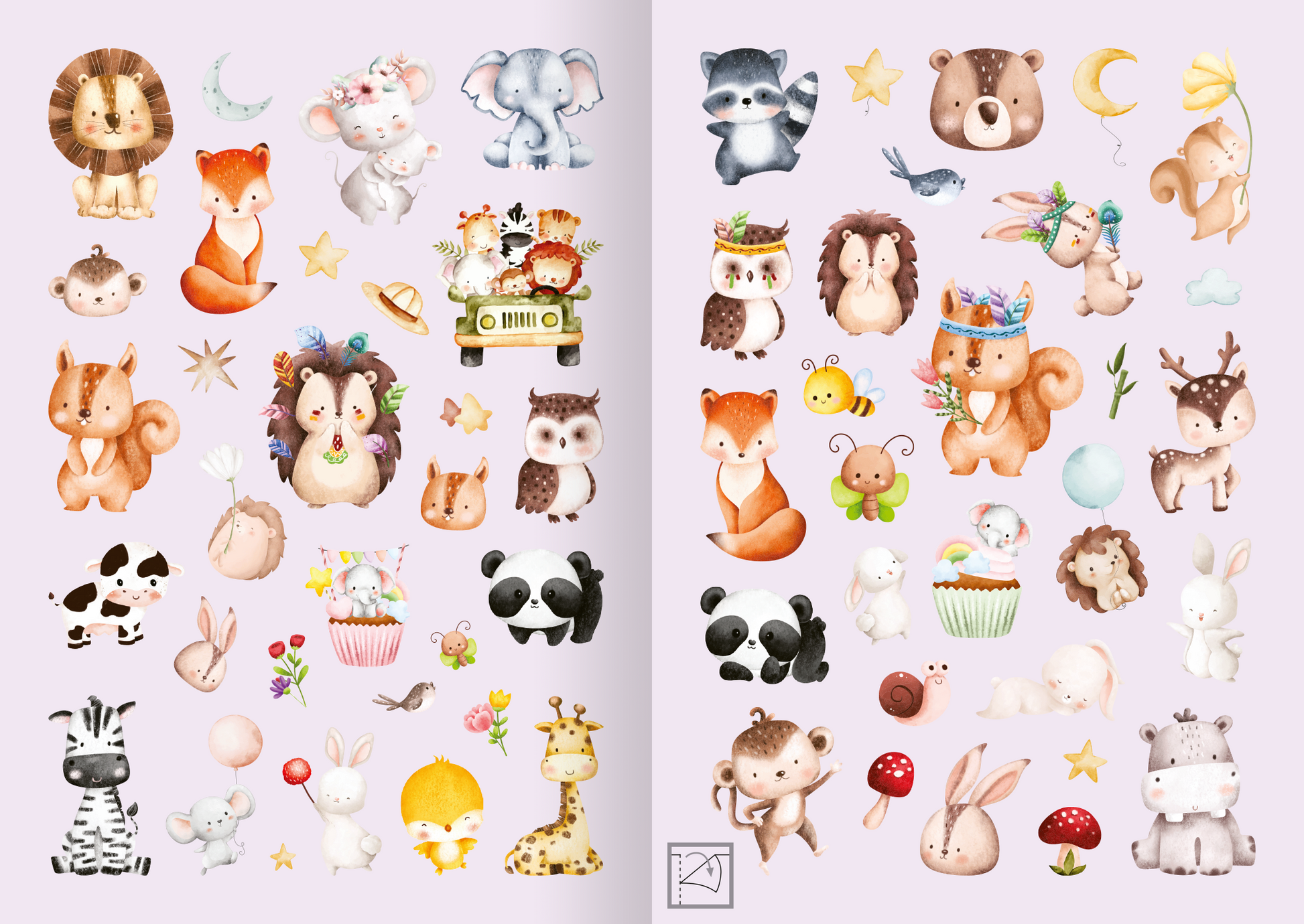 Gezeigt wird eine Innen- oder Zusatzansicht von „Meine Aquarell-Sticker – Tierkinder“. Die Darstellung umfasst niedliche Tiermotive wie einen Löwen, einen Elefanten, eine Eule und einen Bären, alle in sanften Pastellfarben auf einem hellen, lilafarbenen Hintergrund. Zusätzlich sind verschiedene Sterne, Blumen und andere süße Illustrationen zu sehen. Die Typografie ist verspielt und freundlich, perfekt abgestimmt auf die heitere Gestaltung der Sticker.