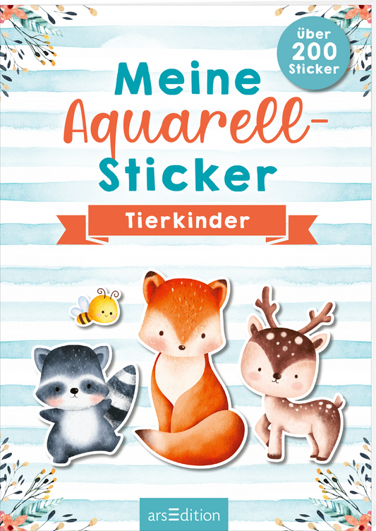 Das Buchcover zeigt eine verspielte, pastellfarbene Landschaft mit aquarellierten Tieren in sanften Tönen. Im Vordergrund sind ein niedlicher Fuchs, ein Rehkitz und ein Waschbär abgebildet, umgeben von einer kleinen Biene. Der Titel „Meine Aquarell-Sticker“ ist in großen, leuchtend türkisfarbenen Buchstaben darüber platziert, während „Tierkinder“ in einem orangen Banner erscheint. Oben rechts befindet sich ein blauer Button mit dem Text „über 200 Sticker“. Ganz unten mittig...