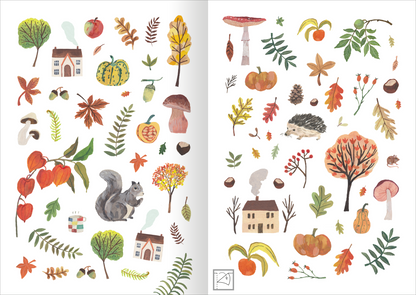 Gezeigt wird eine Innen- oder Zusatzansicht von „Stickerliebe – Natur“. Die Illustration präsentiert eine Vielzahl von bunten, handgezeichneten Naturmotiven. Auf der linken Seite finden sich grüne Bäume, orange Kürbisse, eine graue Eichhörnchenfigur sowie kleine Häuser. Die rechte Seite ist mit einem orangefarbenen Baum, einem Igel, verschiedenen Blättern und Pilzen geschmückt. Die Farben sind warm und einladend, mit sanften Erdtönen und lebhaften Akzenten, die die...