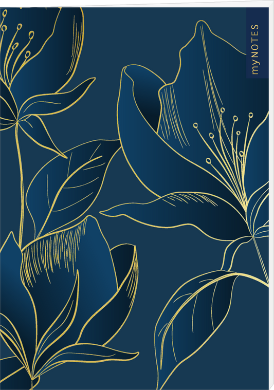 Das Buchcover zeigt einen tiefblauen Hintergrund, der mit feinen goldenen Linien verziert ist, die stilisierte Blüten und Blätter bilden. Die floralen Motive verleihen dem Cover eine elegante und beruhigende Atmosphäre. In der oberen rechten Ecke steht in moderner Schrift „my NOTES“. Ganz unten mittig steht der Logoschriftzug von arsEdition.