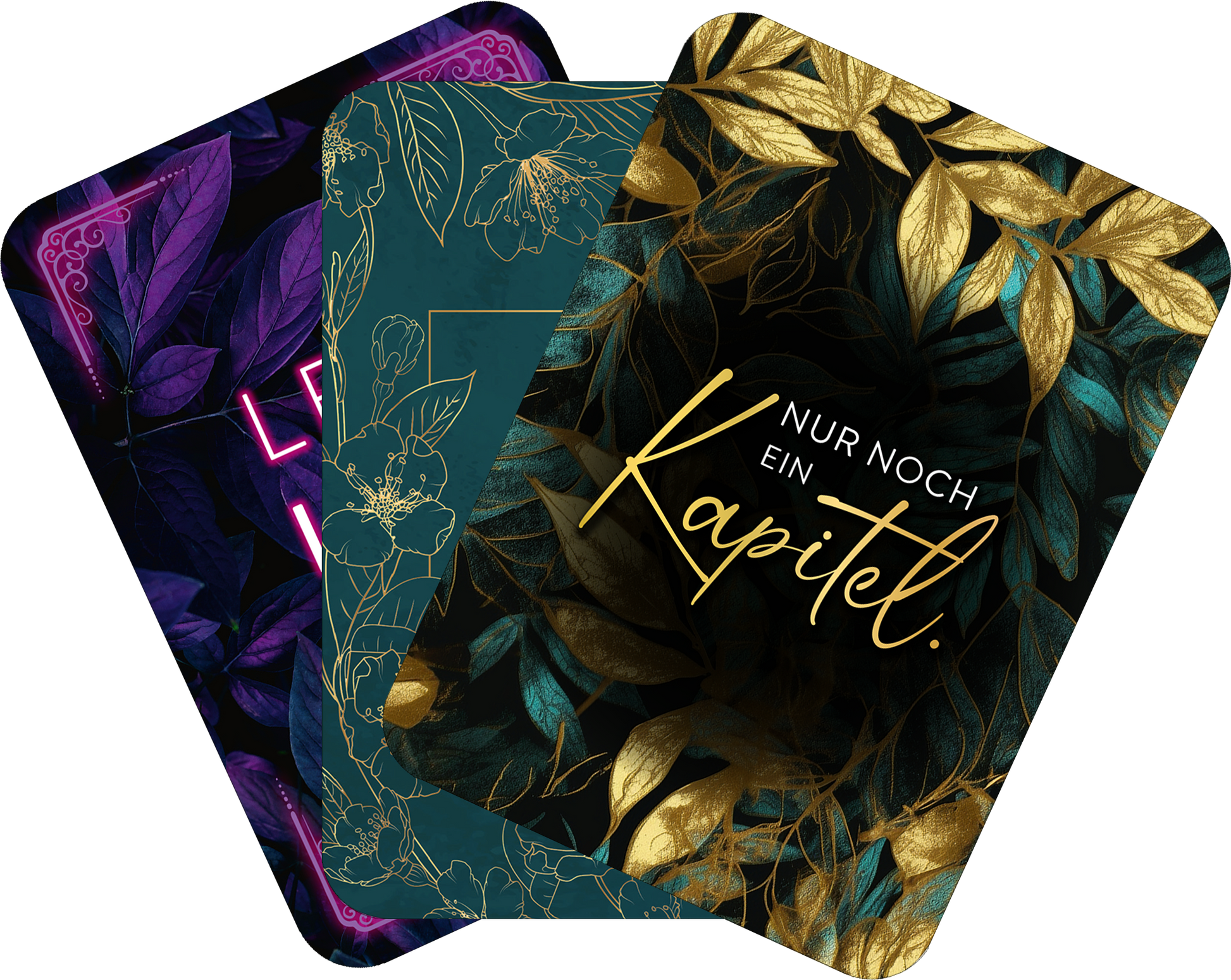 Gezeigt wird eine Innen- oder Zusatzansicht von „myNOTES Papeterie: Kartenbox Romance“. Die Ansicht präsentiert drei Karten in unterschiedlichen Designs. Die Farben reichen von tiefem Schwarz über satten Grüntönen bis hin zu glänzendem Gold. Die Typografie ist modern und variieren in Stilen; eine Karte trägt den Text „NUR NOCH EIN Kapitel.“ in eleganter, geschwungener Schrift. Die Karten sind von floralen Mustern und blattförmigen Motiven umrahmt.