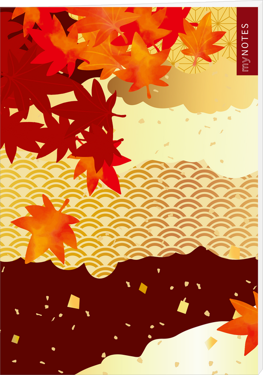 Das Buchcover zeigt eine harmonische Farbgestaltung in warmen Rot- und Gelbtönen, die herbstliche Blätter akzentuiert. Im Hintergrund sind sanfte Texturen in Gold und verschiedene Wellenmuster zu sehen, die dem Design Tiefe verleihen. Der Titel „my NOTES“ ist in klarer, moderner Schrift an der oberen rechten Ecke platziert. Auf der linken Seite sind stilisierte rote und orangefarbene Ahornblätter zu erkennen. Ganz unten mittig steht der Logoschriftzug von arsEdition.