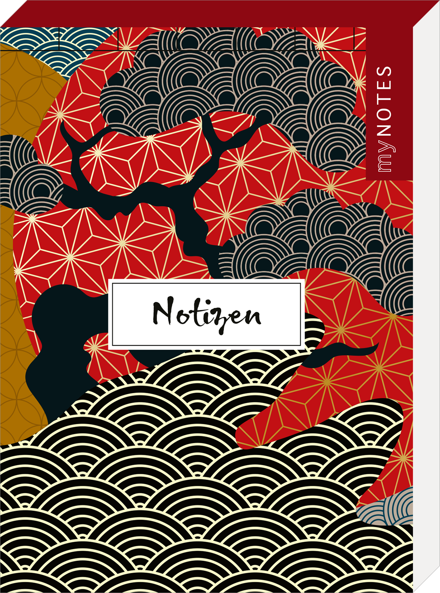 Das Buchcover zeigt eine dynamische, farbenfrohe Komposition aus Rot, Schwarz und Gold mit dekorativen Wellenmustern und geometrischen Formen, die an asiatische Ästhetik erinnern. In der Mitte befindet sich ein weißes Boxfeld mit der Aufschrift „Notizen“ in einer verschnörkelten Schrift. Oben rechts ist der Schriftzug „my NOTES“ in einer modernen Schriftart platziert. Ganz unten mittig steht der Logoschriftzug von arsEdition.