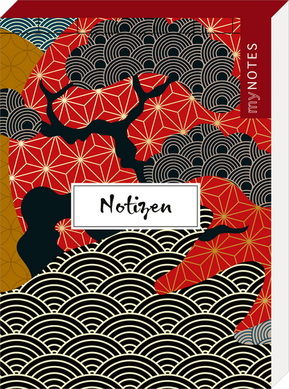 Das Buchcover zeigt eine dynamische, farbenfrohe Komposition aus Rot, Schwarz und Gold mit dekorativen Wellenmustern und geometrischen Formen, die an asiatische Ästhetik erinnern. In der Mitte befindet sich ein weißes Boxfeld mit der Aufschrift „Notizen“ in einer verschnörkelten Schrift. Oben rechts ist der Schriftzug „my NOTES“ in einer modernen Schriftart platziert. Ganz unten mittig steht der Logoschriftzug von arsEdition.
