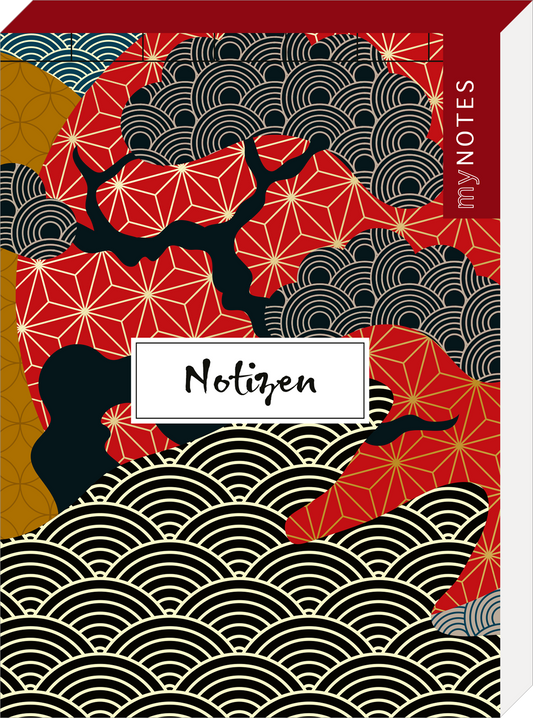 Das Buchcover zeigt eine dynamische, farbenfrohe Komposition aus Rot, Schwarz und Gold mit dekorativen Wellenmustern und geometrischen Formen, die an asiatische Ästhetik erinnern. In der Mitte befindet sich ein weißes Boxfeld mit der Aufschrift „Notizen“ in einer verschnörkelten Schrift. Oben rechts ist der Schriftzug „my NOTES“ in einer modernen Schriftart platziert. Ganz unten mittig steht der Logoschriftzug von arsEdition.